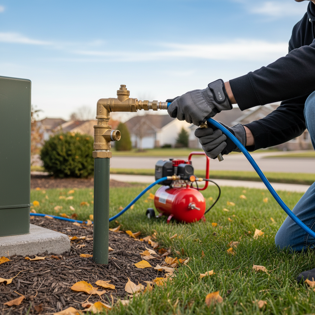 Homeowner using an air compressor to winterize a sprinkler system and prevent freeze damage.