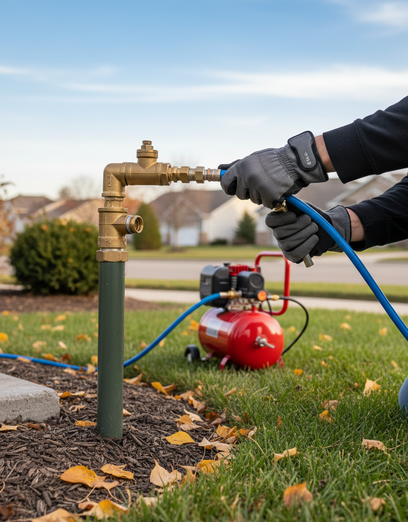 Homeowner using an air compressor to winterize a sprinkler system and prevent freeze damage.