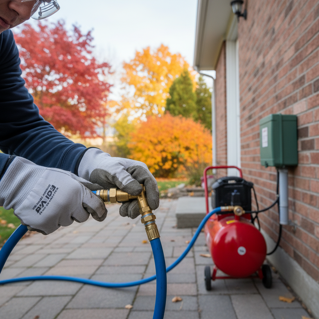 Homeowner connecting an air compressor to a sprinkler system for winterization to prevent freeze damage.