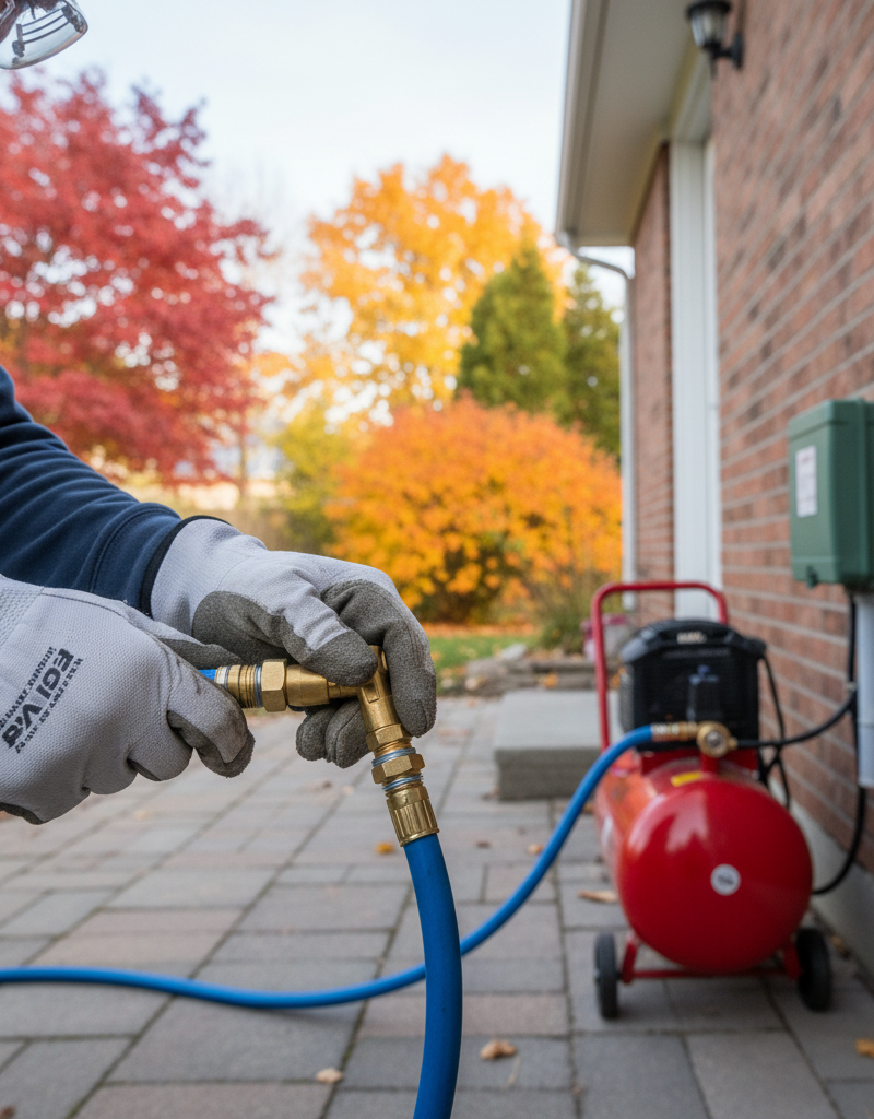 Homeowner connecting an air compressor to a sprinkler system for winterization to prevent freeze damage.
