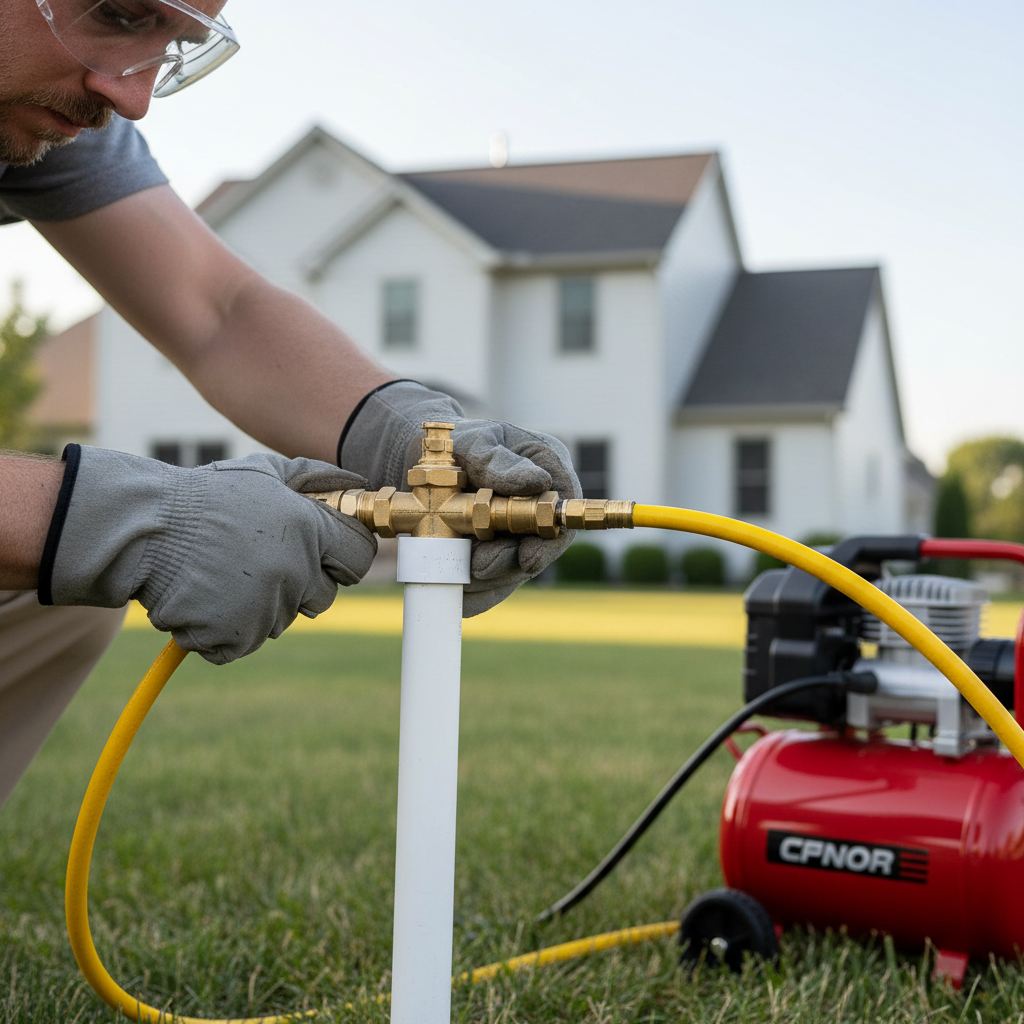 Homeowner connecting air compressor to sprinkler system for winterization blow-out, wearing safety glasses.