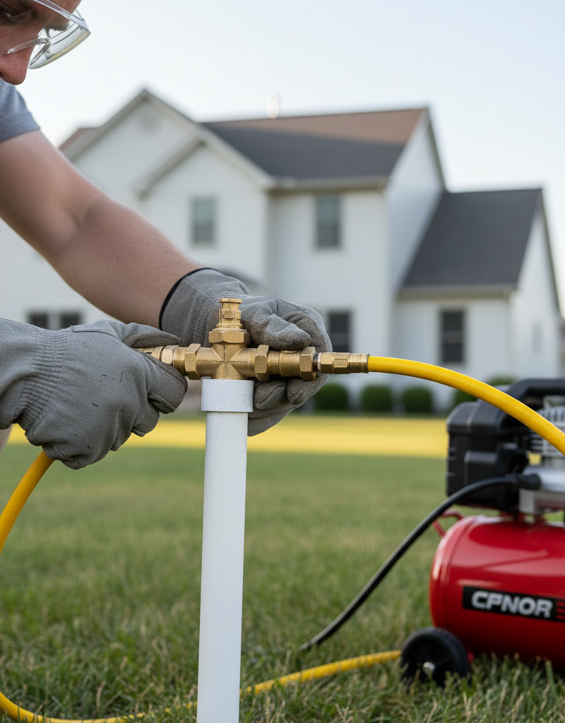 Homeowner connecting air compressor to sprinkler system for winterization blow-out, wearing safety glasses.