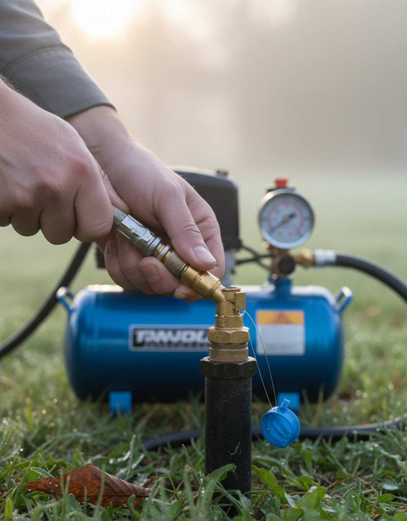 Homeowner connecting air compressor to sprinkler system for winterization