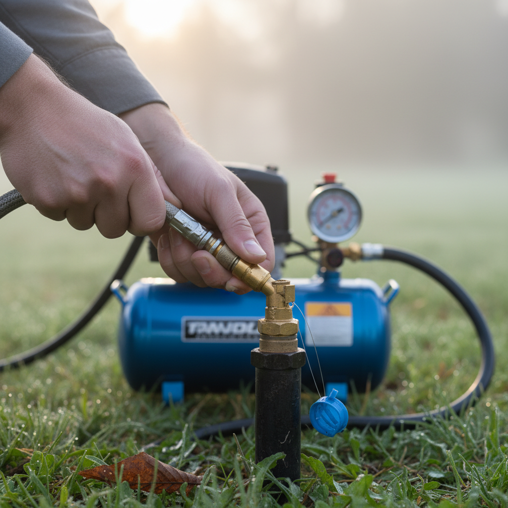 Homeowner connecting air compressor to sprinkler system for winterization