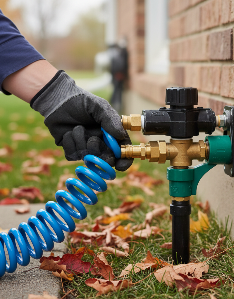 Homeowner connecting air compressor to sprinkler system for winterization