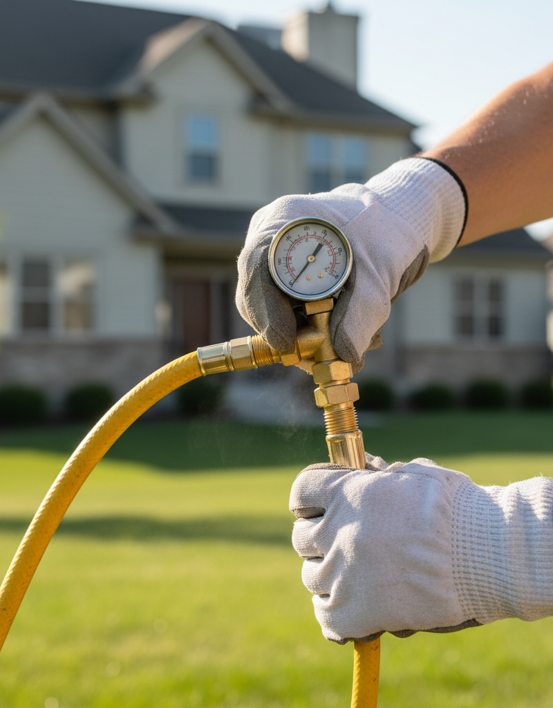 Homeowner connecting air compressor to sprinkler system blow-out port