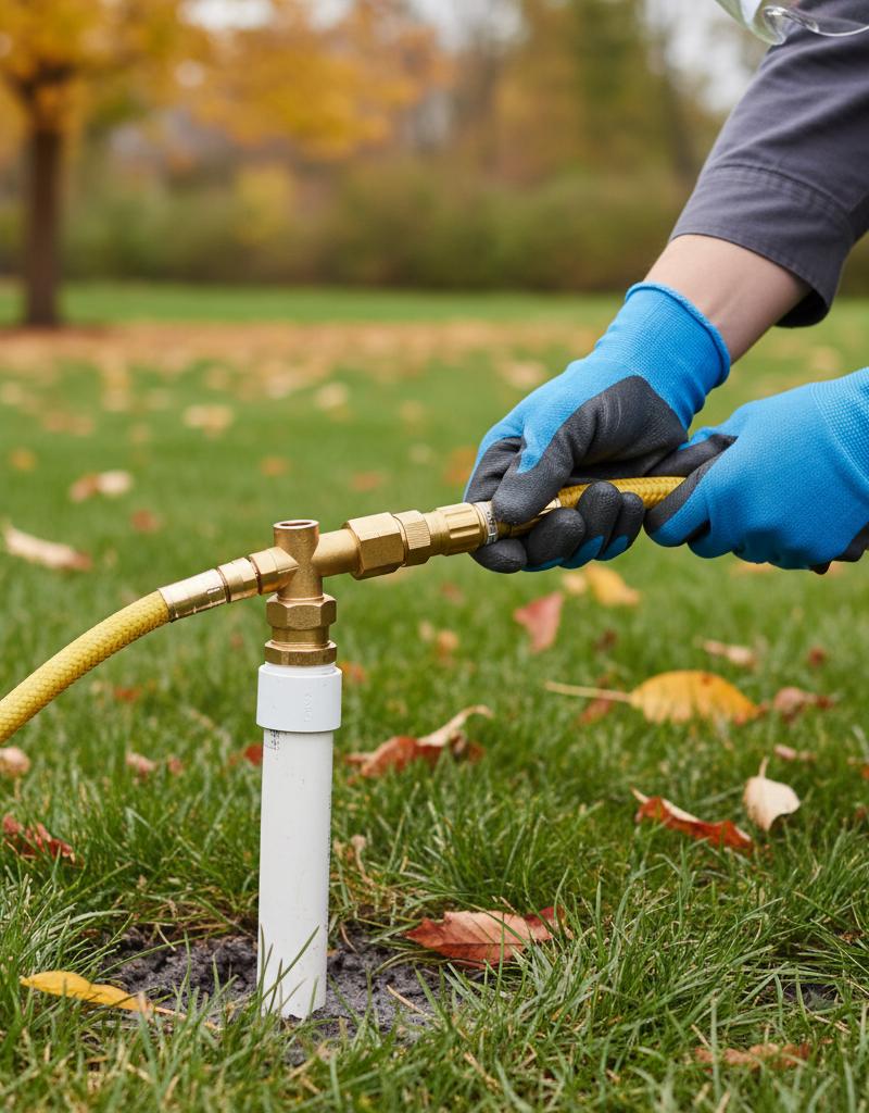 Homeowner connecting an air compressor to a sprinkler system for winterization to prevent freeze damage