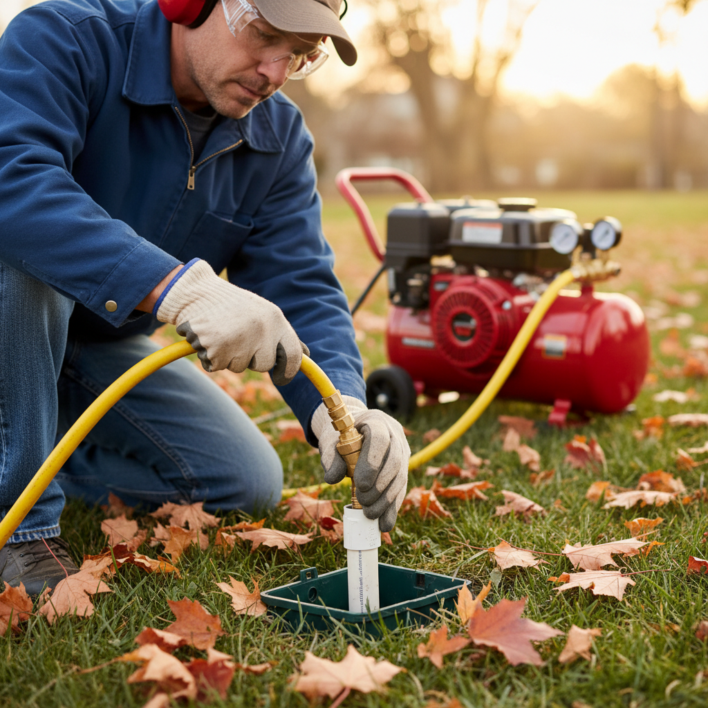 Homeowner safely connecting an air compressor to a sprinkler system blow-out port for winterization.