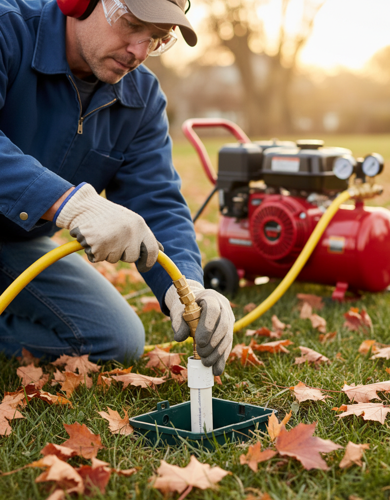 Homeowner safely connecting an air compressor to a sprinkler system blow-out port for winterization.