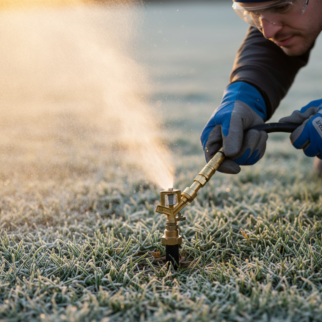 Sprinkler head emitting mist and air during winterization blowout, homeowner's hand and safety glasses visible.