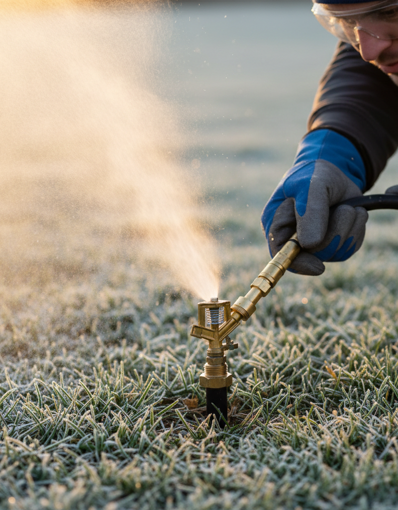 Sprinkler head emitting mist and air during winterization blowout, homeowner's hand and safety glasses visible.