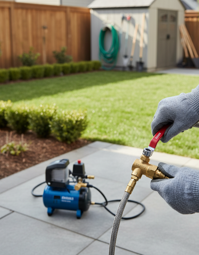 Homeowner connecting air compressor to irrigation system for winterization