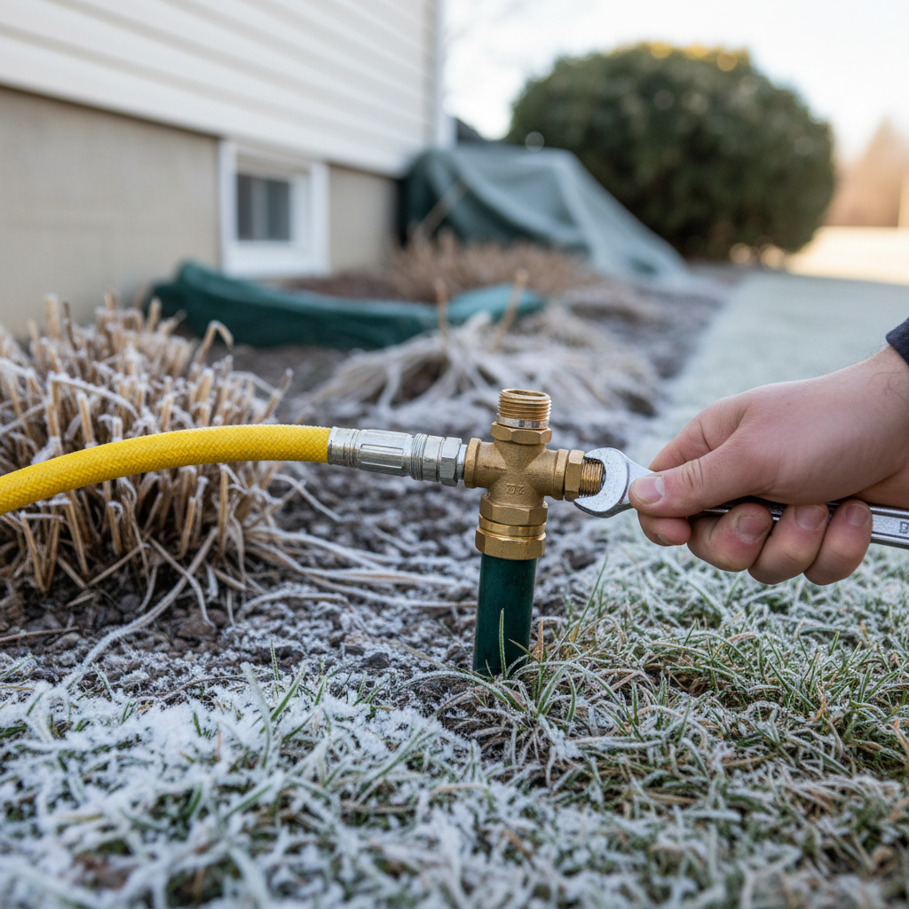 Homeowner connecting air compressor to sprinkler blow-out port for winterization, frosted grass in background.