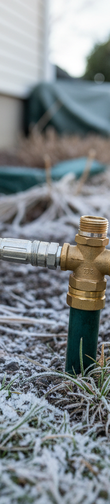 Homeowner connecting air compressor to sprinkler blow-out port for winterization, frosted grass in background.