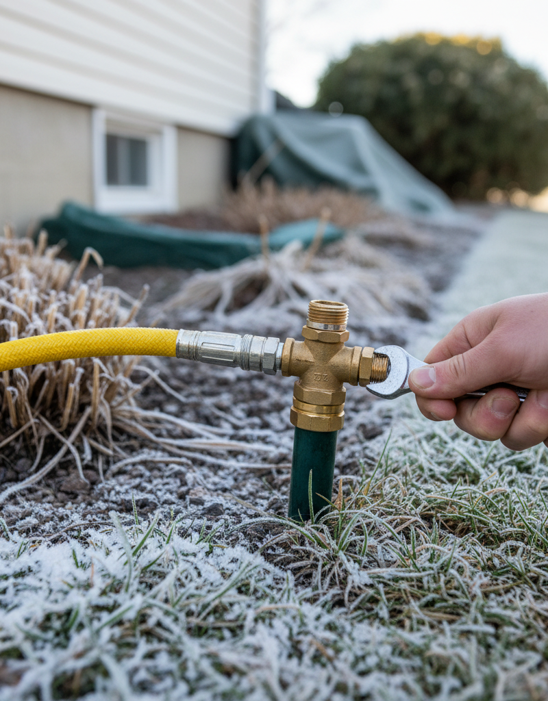 Homeowner connecting air compressor to sprinkler blow-out port for winterization, frosted grass in background.
