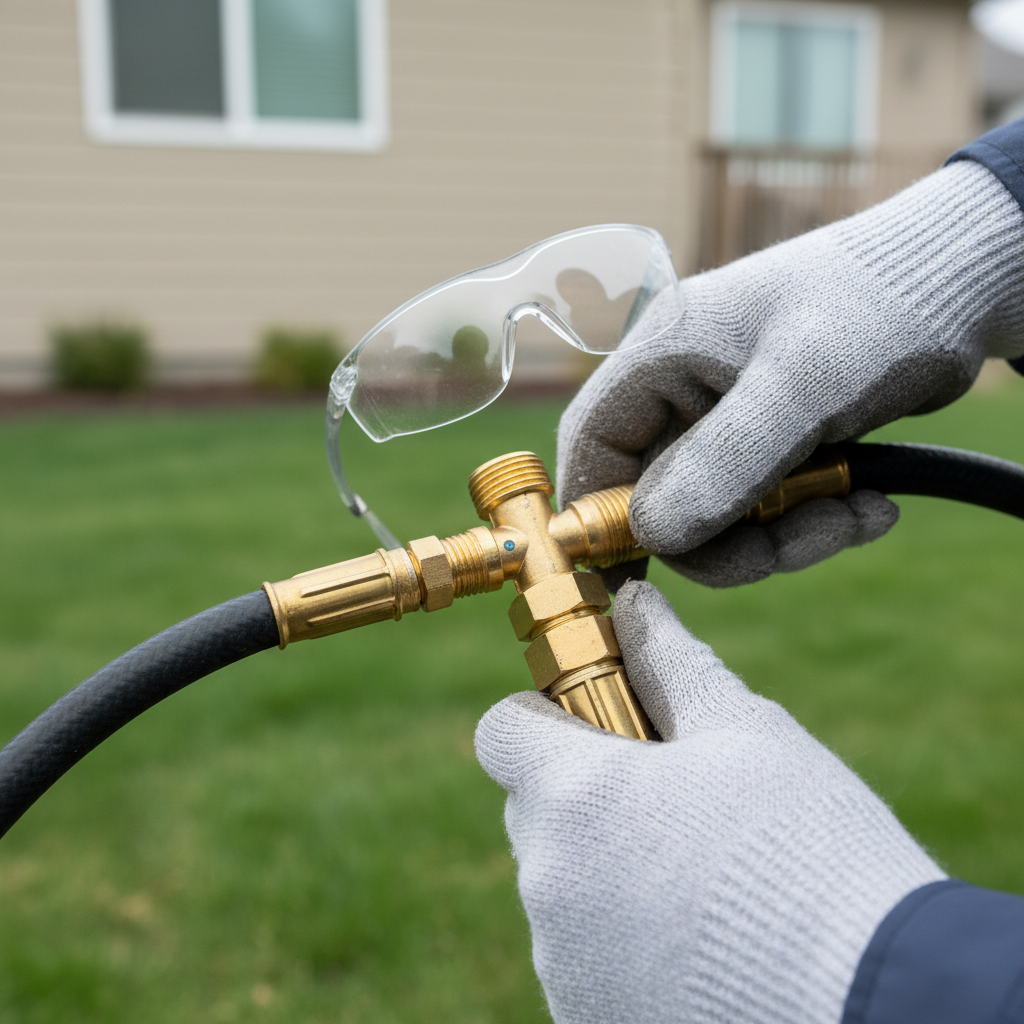 Homeowner connecting an air compressor to a sprinkler system blow-out port for winterization