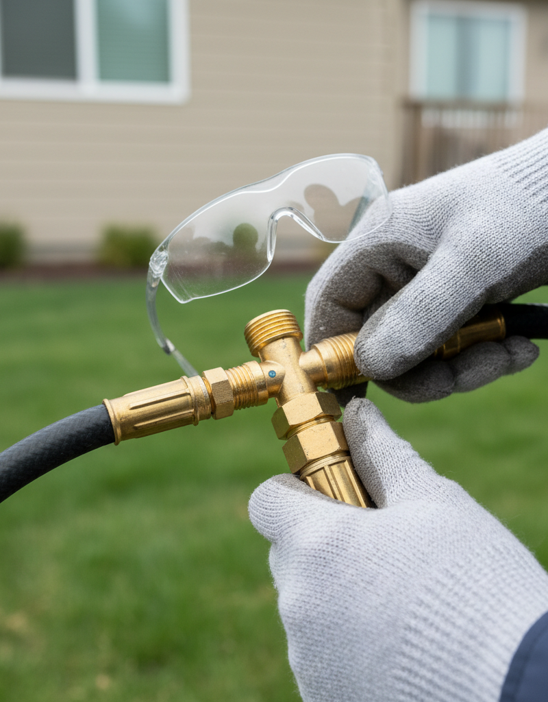 Homeowner connecting an air compressor to a sprinkler system blow-out port for winterization