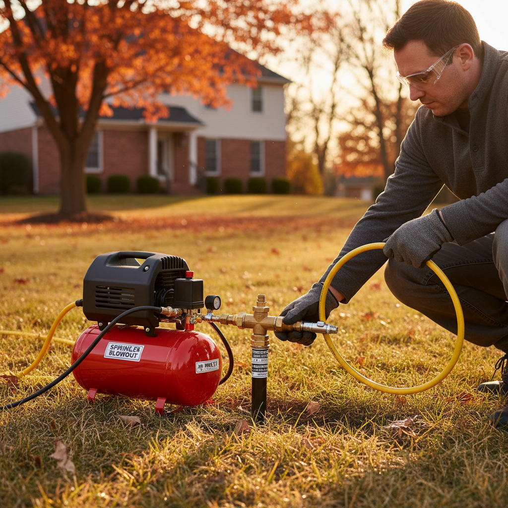 Homeowner connecting air compressor to sprinkler system for winterization, wearing safety glasses.