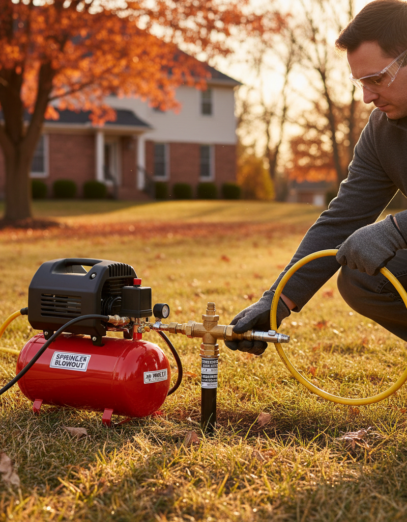 Homeowner connecting air compressor to sprinkler system for winterization, wearing safety glasses.