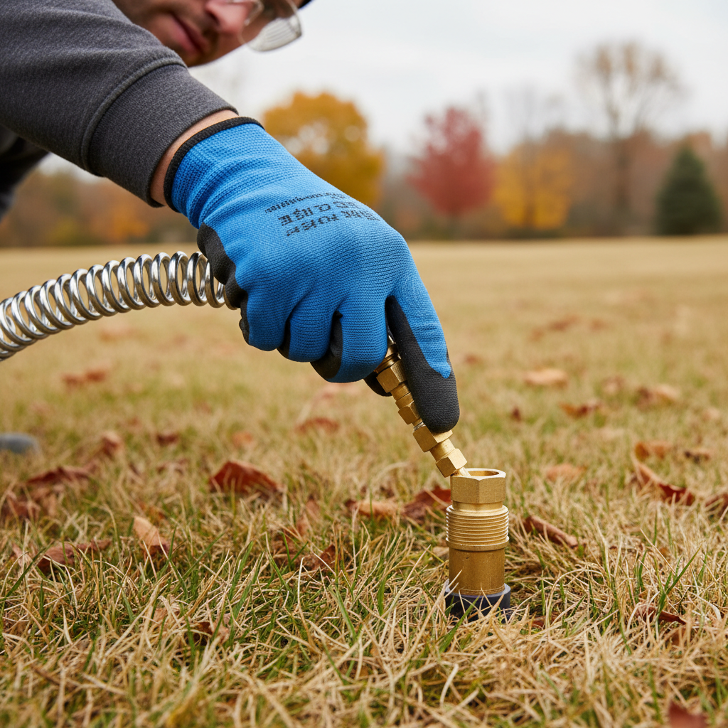 Homeowner wearing safety goggles connecting air compressor to sprinkler system for winterization