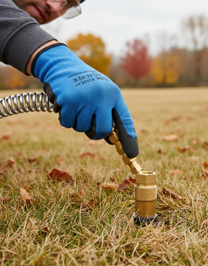 Homeowner wearing safety goggles connecting air compressor to sprinkler system for winterization