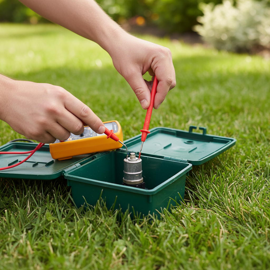 Homeowner testing a sprinkler valve solenoid with a multimeter in an open valve box.