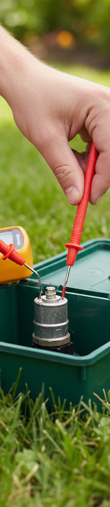 Homeowner testing a sprinkler valve solenoid with a multimeter in an open valve box.