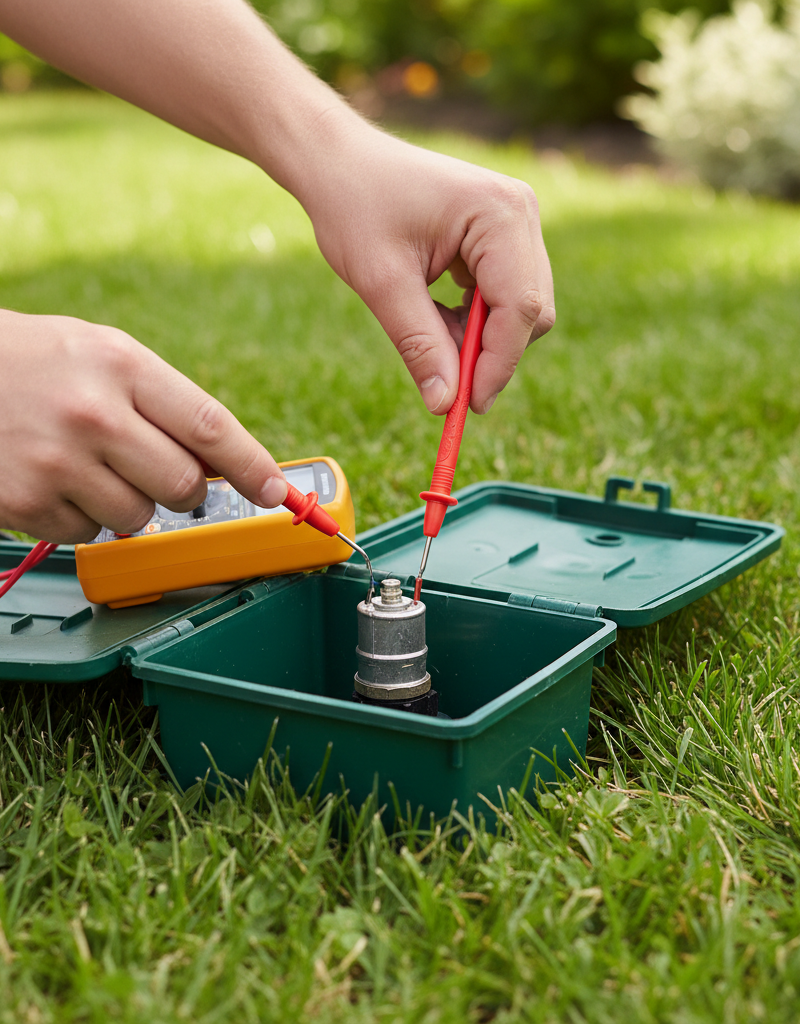 Homeowner testing a sprinkler valve solenoid with a multimeter in an open valve box.