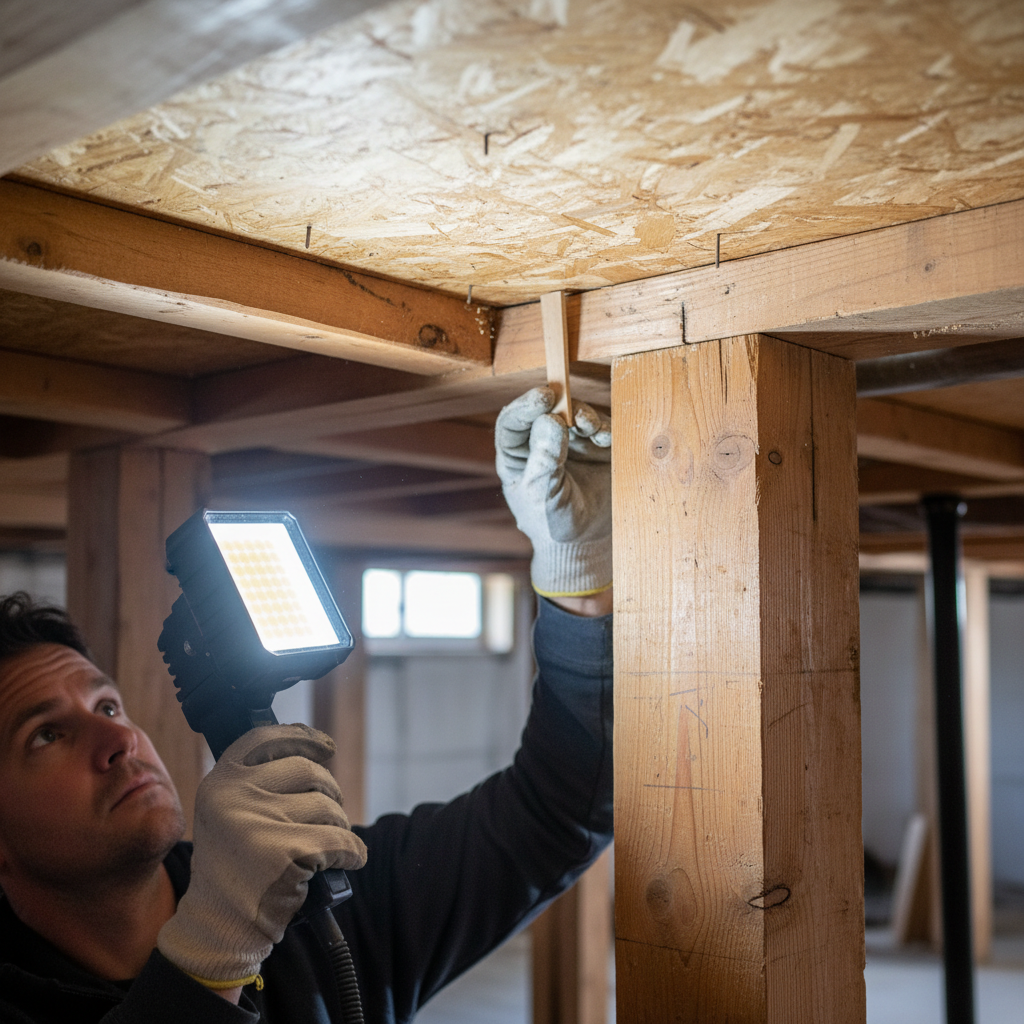 Homeowner in crawl space shimming a loose subfloor section to a joist to fix a squeaky floor.