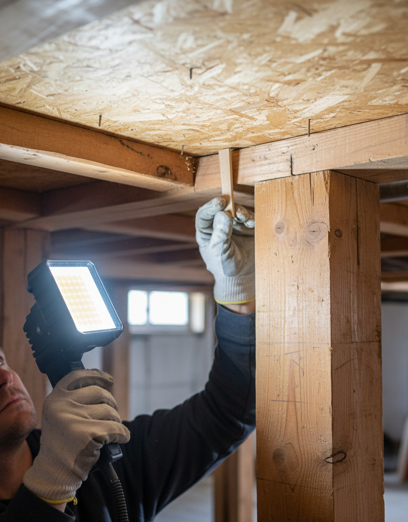 Homeowner in crawl space shimming a loose subfloor section to a joist to fix a squeaky floor.