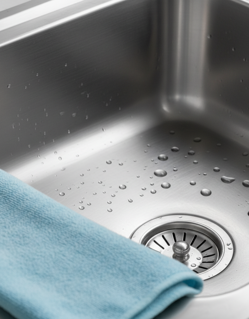 A perfectly polished, gleaming stainless steel kitchen sink with no haze or water spots, reflecting light, with water beads on the surface.