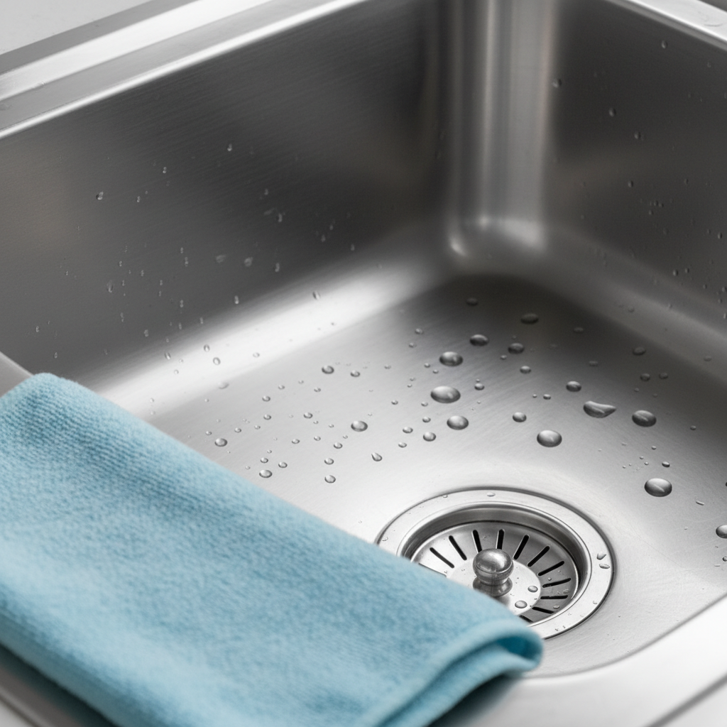 A perfectly polished, gleaming stainless steel kitchen sink with no haze or water spots, reflecting light, with water beads on the surface.