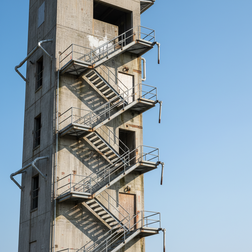 Exterior view of a firefighter training tower with staircases ending abruptly in the air.