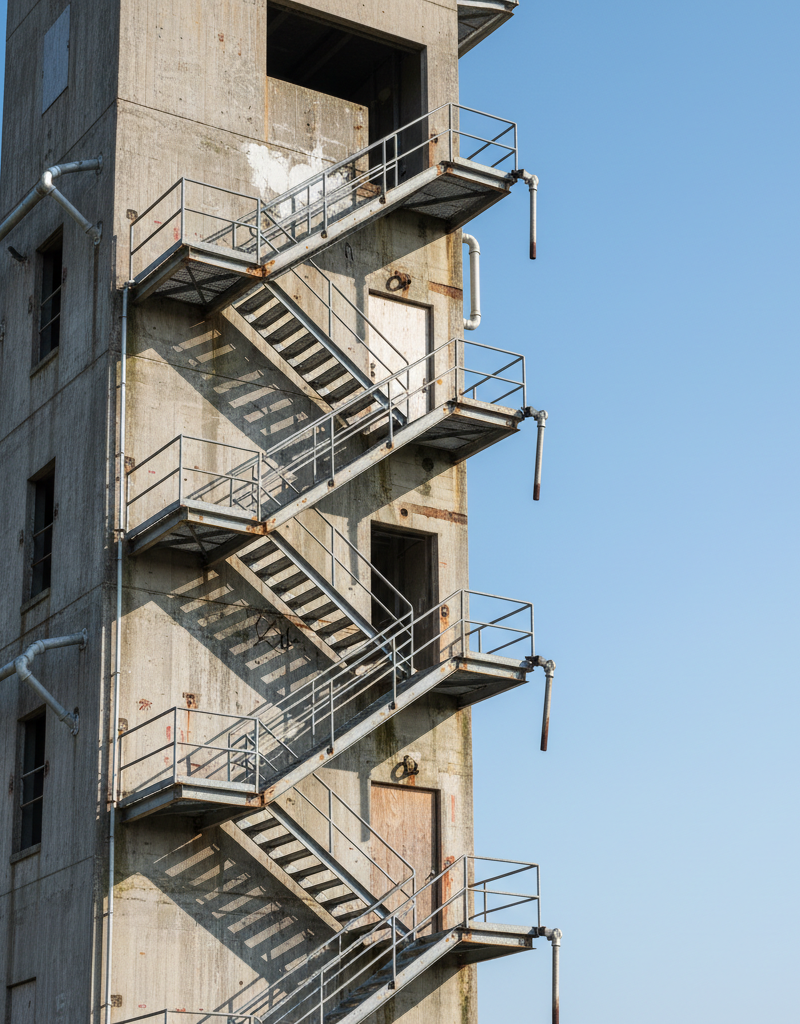 Exterior view of a firefighter training tower with staircases ending abruptly in the air.