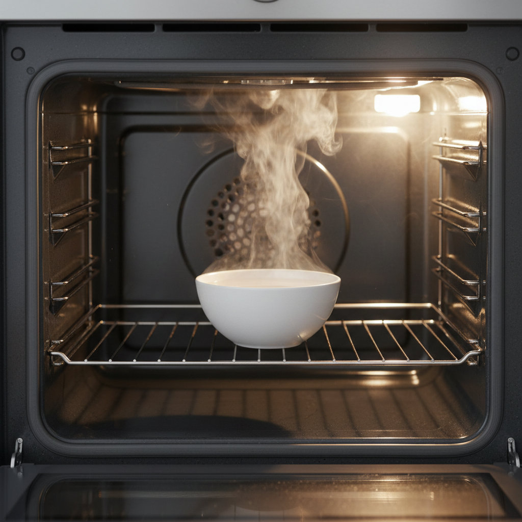 Sparkling clean oven interior after steam cleaning with a bowl of water and vinegar on the rack