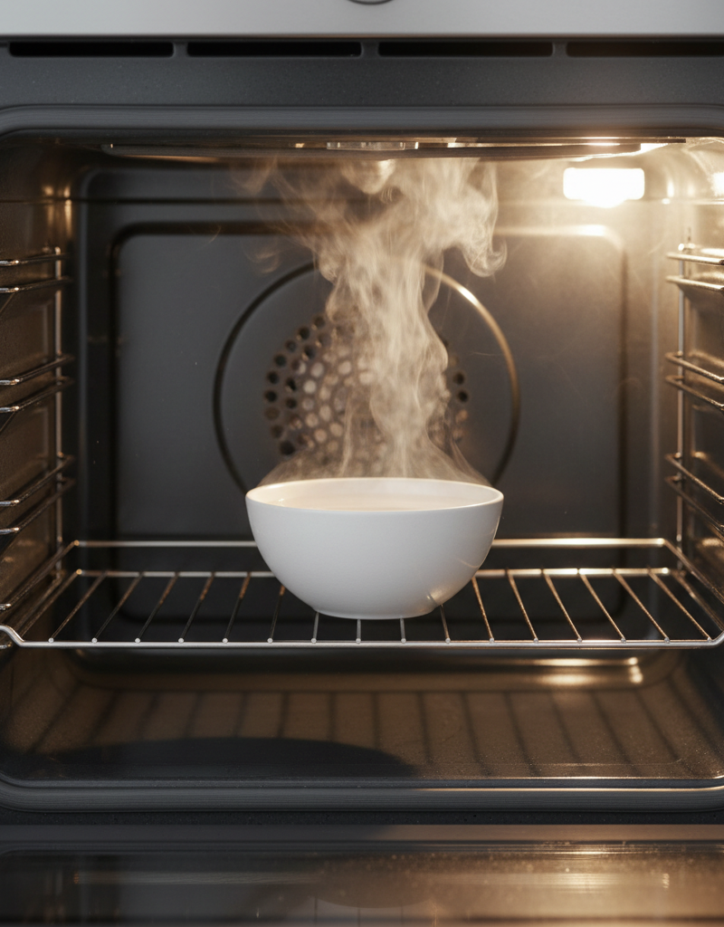Sparkling clean oven interior after steam cleaning with a bowl of water and vinegar on the rack