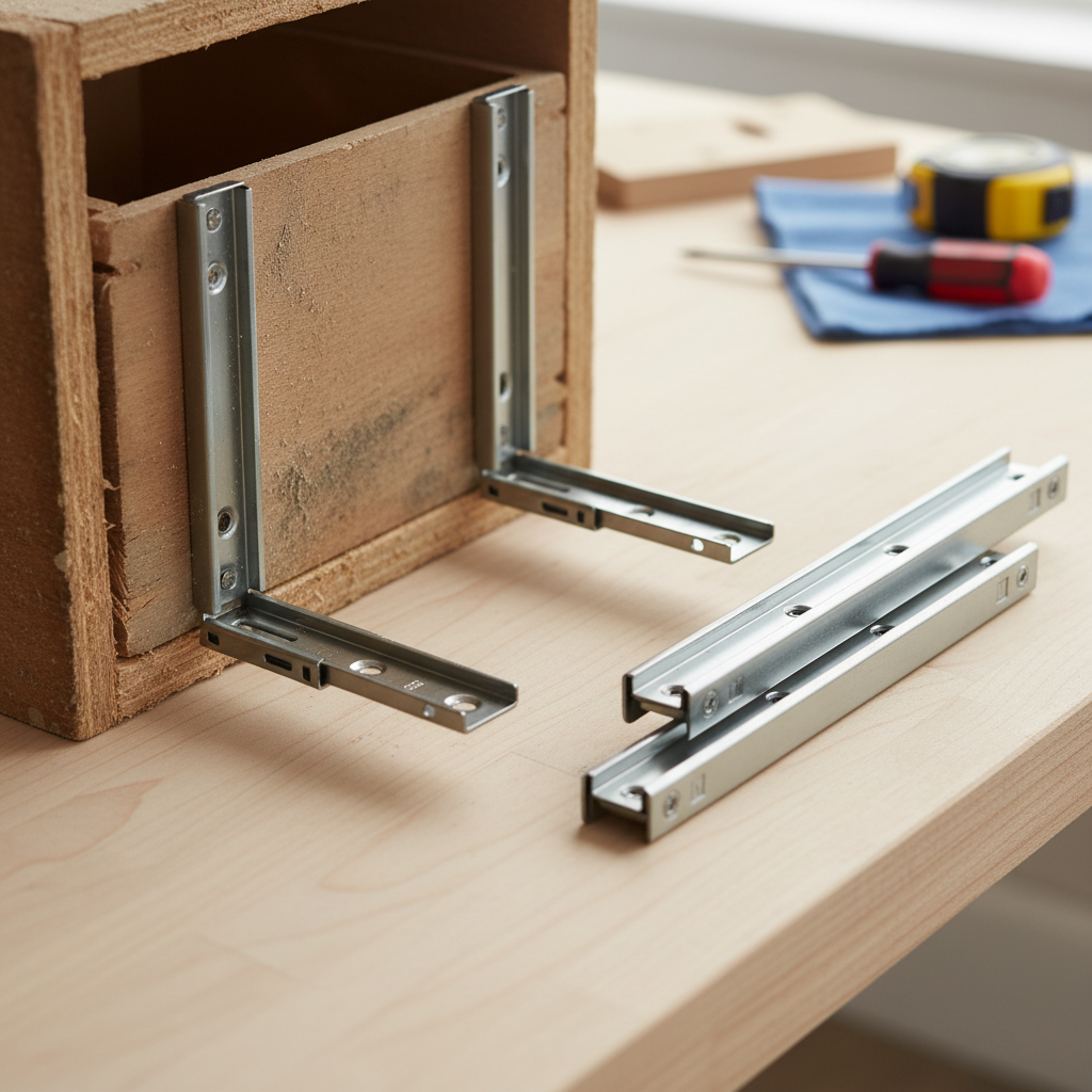 Worn-out sticky drawer slides next to new replacement slides with tools on a workbench