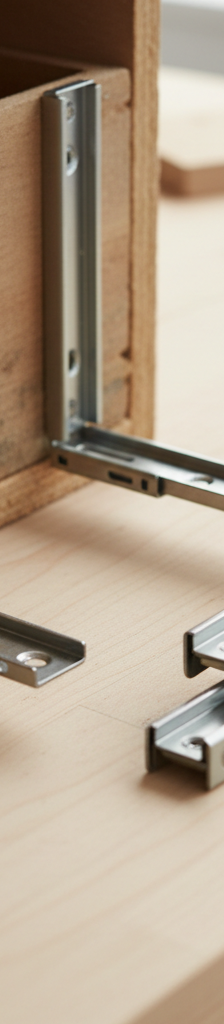 Worn-out sticky drawer slides next to new replacement slides with tools on a workbench