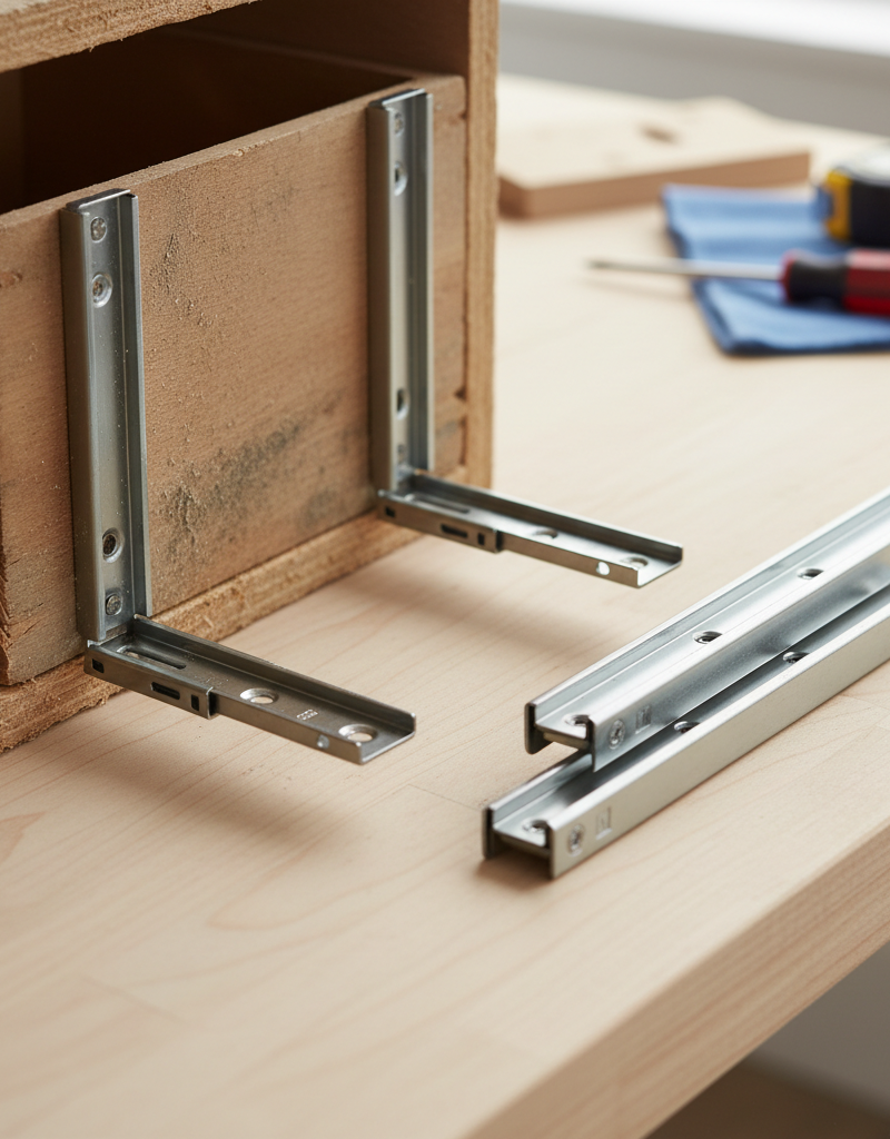 Worn-out sticky drawer slides next to new replacement slides with tools on a workbench