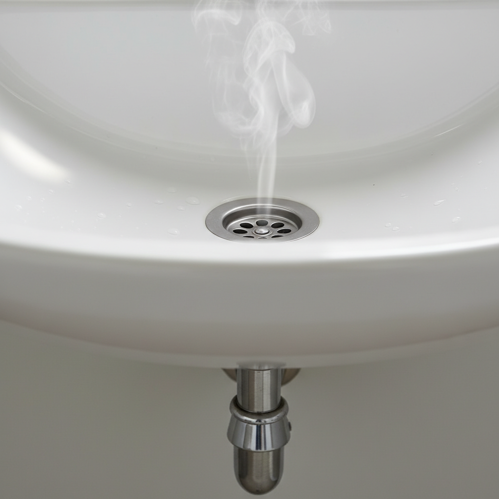 Close-up of a clean bathroom sink drain with subtle steam, illustrating the concept of odor removal.