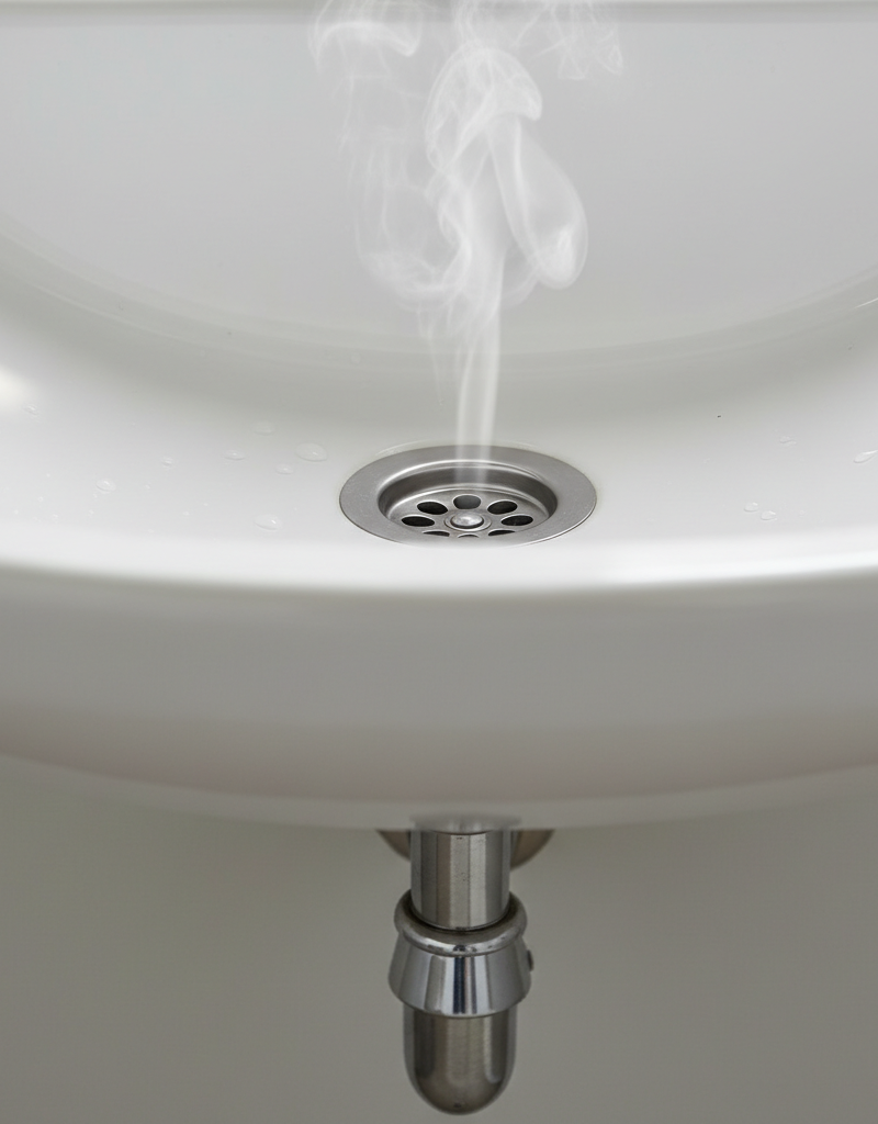 Close-up of a clean bathroom sink drain with subtle steam, illustrating the concept of odor removal.