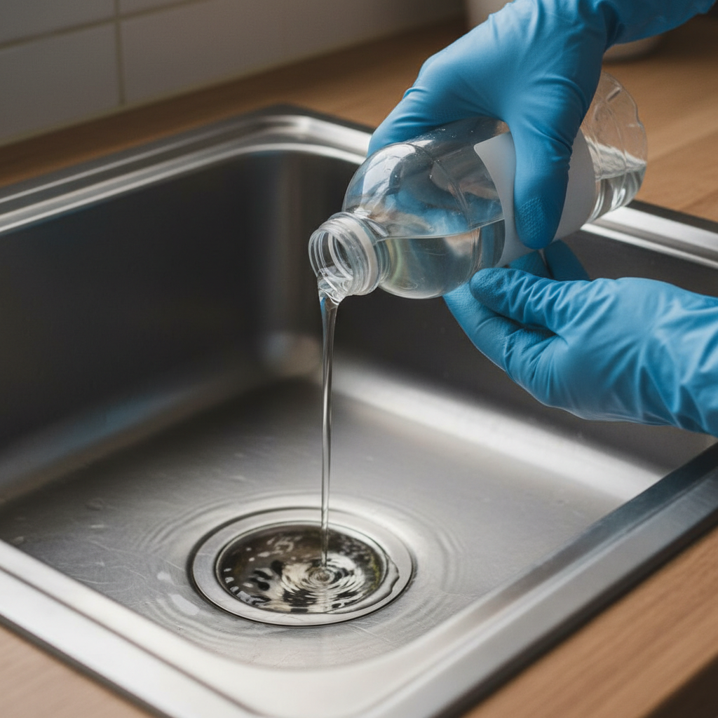 Homeowner wearing rubber gloves preparing to clean a kitchen sink drain that smells bad.