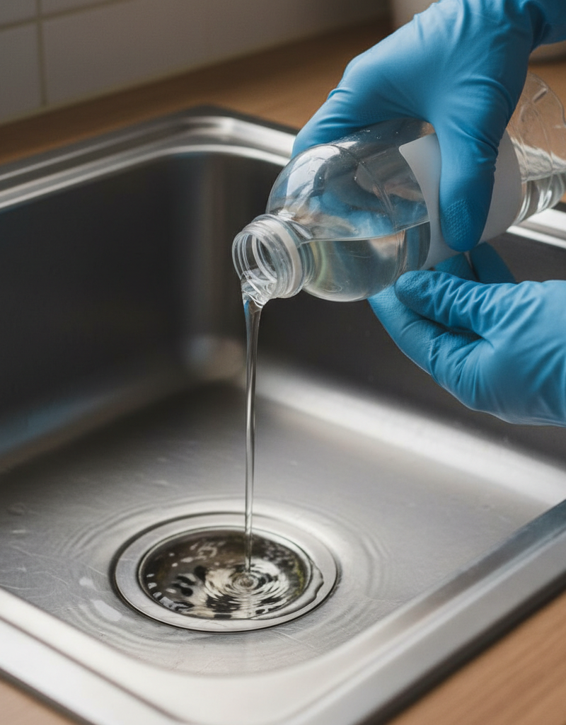 Homeowner wearing rubber gloves preparing to clean a kitchen sink drain that smells bad.