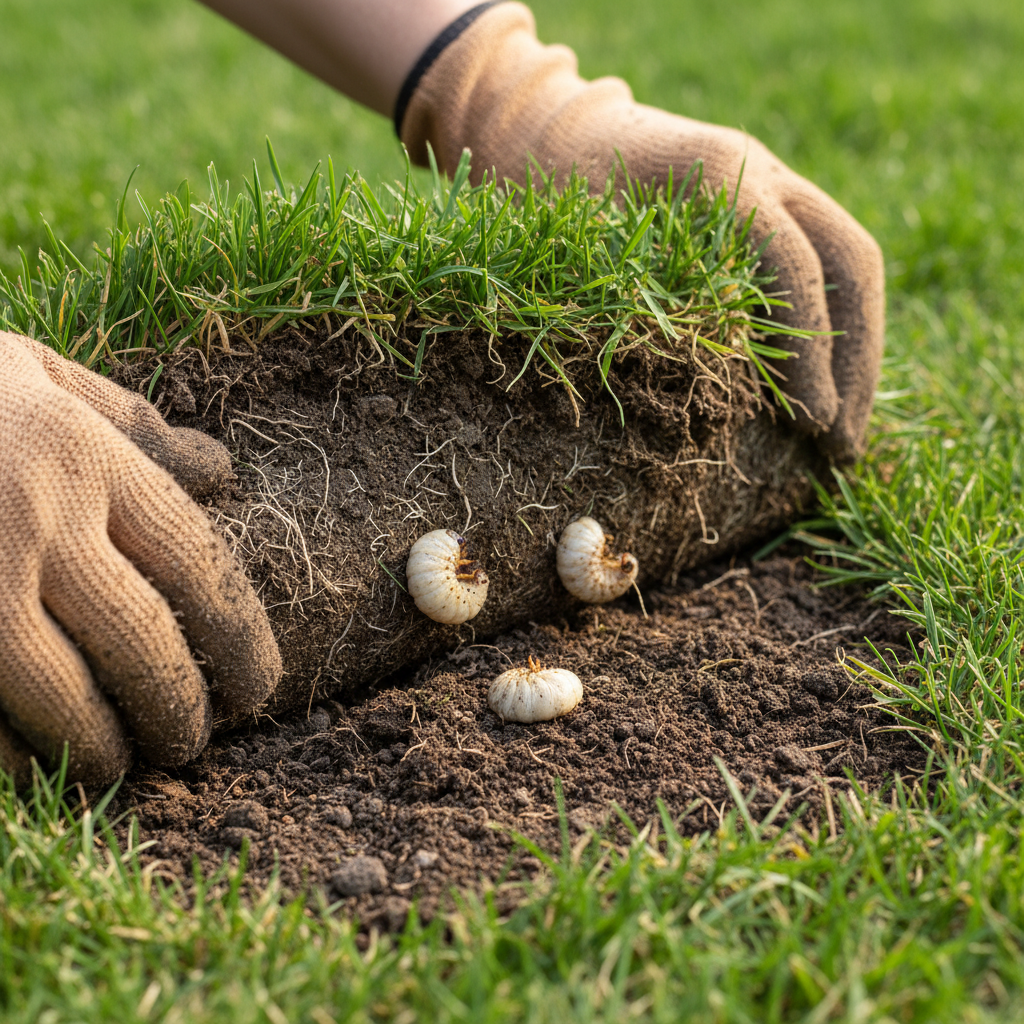 Homeowner revealing white grubs in lawn by pulling back a patch of brown grass.
