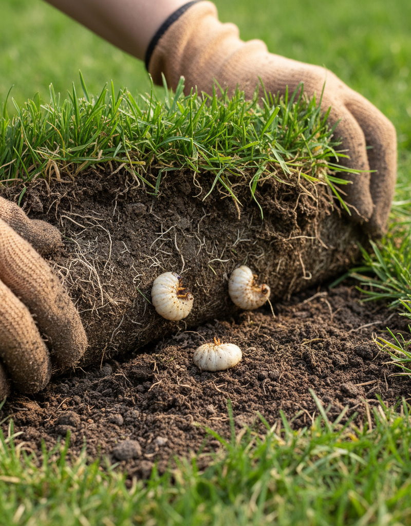 Homeowner revealing white grubs in lawn by pulling back a patch of brown grass.