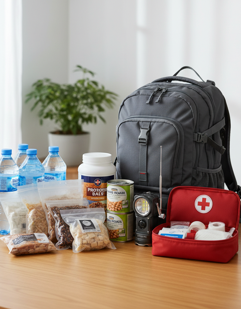 A comprehensive emergency preparedness kit with essential supplies like water, food, first-aid, and flashlight.