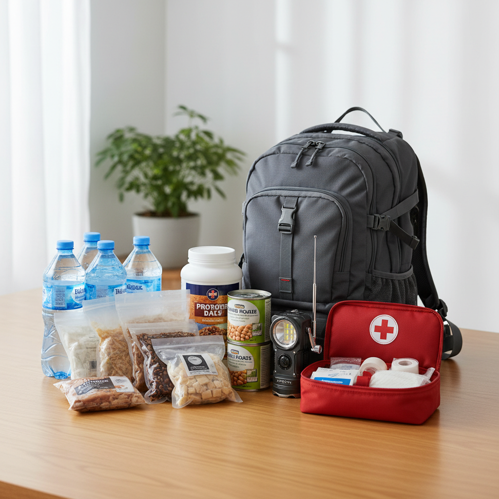 A comprehensive emergency preparedness kit with essential supplies like water, food, first-aid, and flashlight.