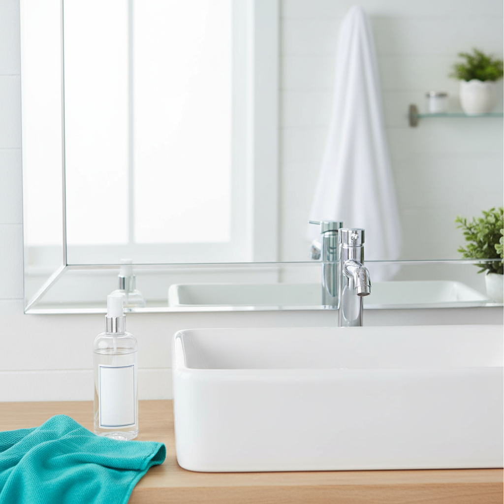 Crystal clear bathroom mirror after cleaning, reflecting a bright white vanity with a clean microfiber cloth and spray bottle.