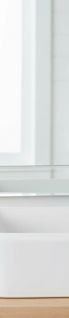 Crystal clear bathroom mirror after cleaning, reflecting a bright white vanity with a clean microfiber cloth and spray bottle.