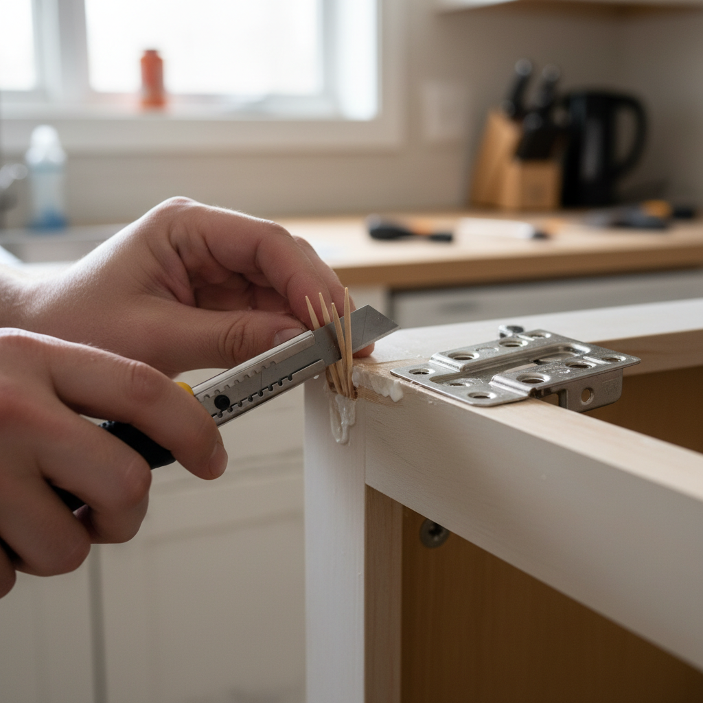 A close-up of a hand trimming wooden toothpicks and wood glue from a stripped screw hole on a kitchen cabinet frame, next to a detached hinge.